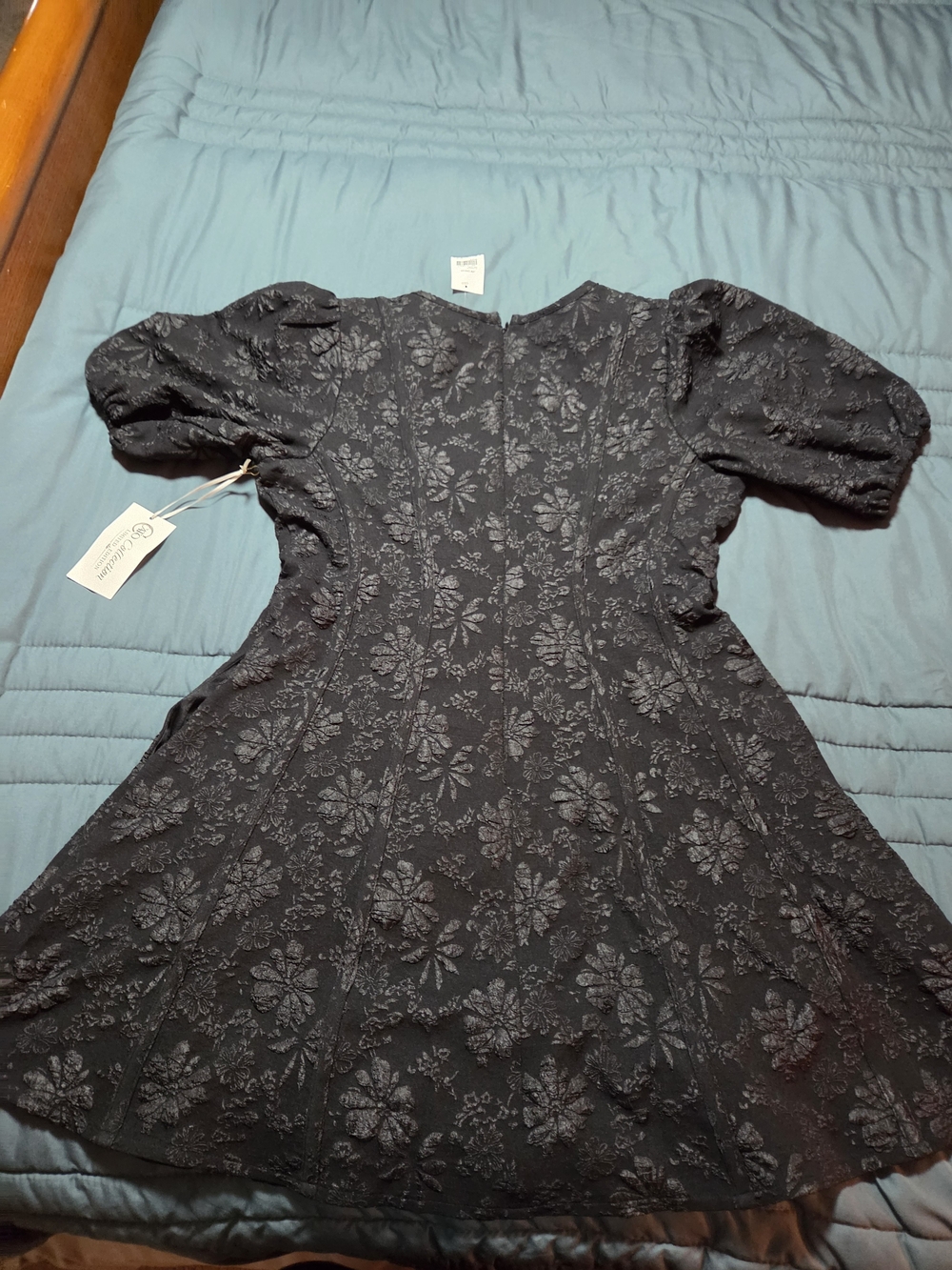 Cato Black Floral Jacquard V-Neck Dress with Puff Details XL Stretch New